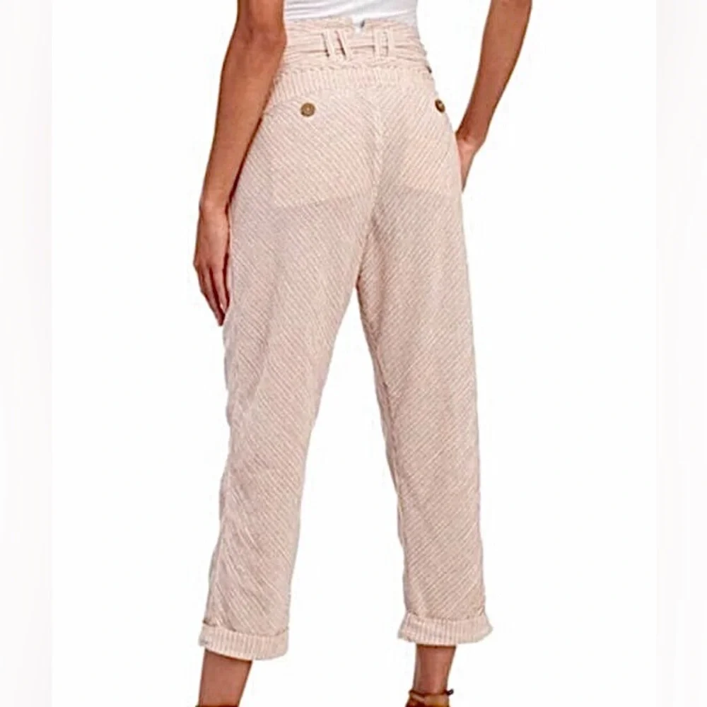 Free People | Women’s amber/cream striped ankle pants, 3 button front, tie belt